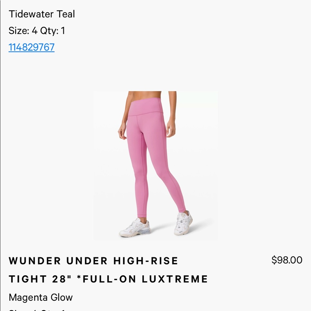 Wunder Under High-Rise Tight 28”. Full on Luxtreme. Magenta Glow. LuluLemon